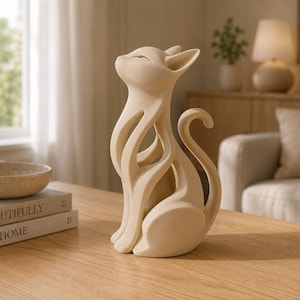 May include: A cream-colored cat figurine with a smooth, matte finish and an abstract, open-work design. The sculpture depicts a seated cat with its head tilted upward, featuring elongated, flowing lines and a curved tail resting against its side.