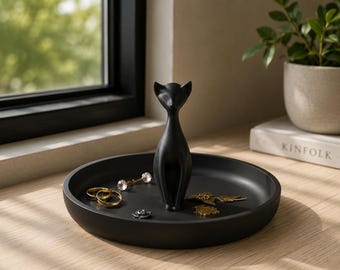 Black Cat Tray, Cat Jewelry Dish, Minimalist Catchall Tray, 3D Printed Ring Holder, Entryway Key Tray, Gift for Cat Lovers