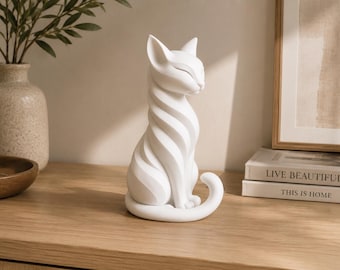 Modern Cat Sculpture, 3D Printed Sitting Cat Figurine, Twisted Ribbed Animal Decor, Minimalist Shelf Accent, Cat Lover Gift
