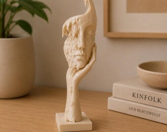 Melting Face Sculpture, 3D Printed Surreal Face Statue, Hand Holding Face Decor, Modern Abstract Shelf Art, Unique Home Gift