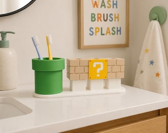 Retro Game Bathroom Set, 3D Printed Toothbrush Holder and Bathroom Organizer, Kids Sink Decor, Gamer Bathroom Gift