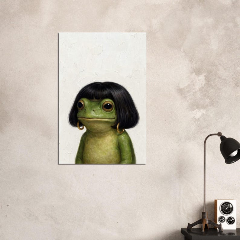 Funny Frog Girl Poster, Vintage Oil Painting Style Frog Art Print, Whimsical Frog Wall Art, Quirky Animal Decor Gift image 3