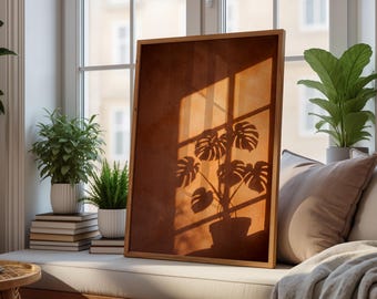 Tableau mural « Ombres au coucher du soleil », esthétique terracotta chaleureuse, décoration botanique minimaliste, art mural