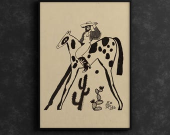 Affiche western bohème représentant une cowgirl, art du désert, impression rétro en noir et blanc, décoration de chambre esthétique sud-ouest, style cowboy minimaliste