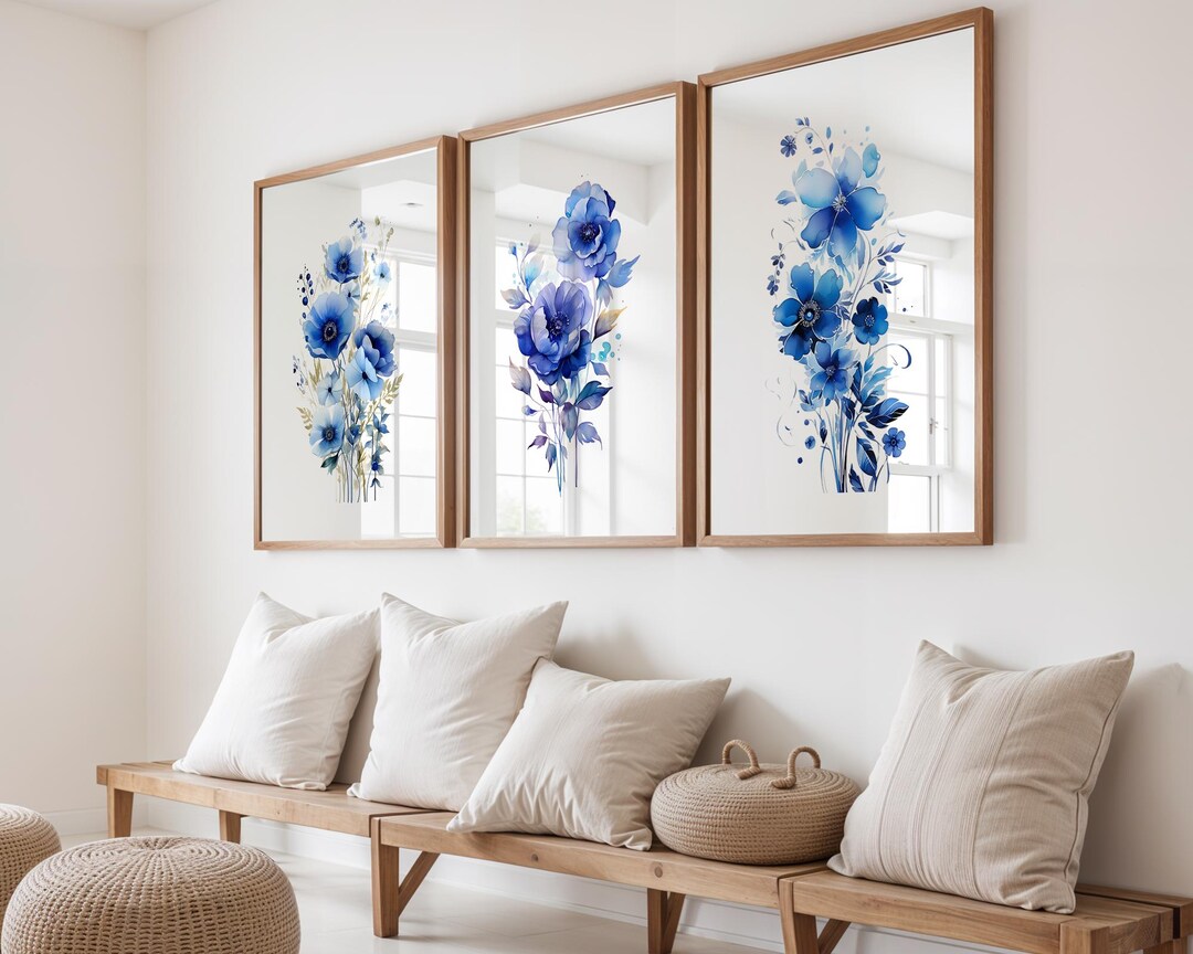 Blue Watercolor Flower Wall Art Set of 3, Floral Botanical Prints ...