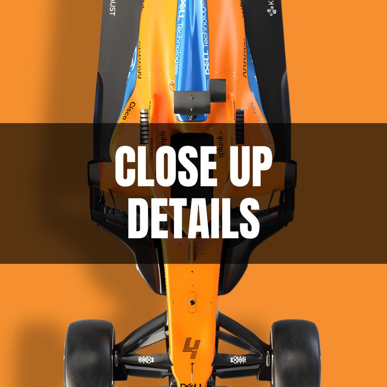 May include: Overhead view of a Formula 1 race car in orange, blue, and black. The car has the number 4 on the front and the text "CLOSE UP DETAILS" in white. The background is orange.