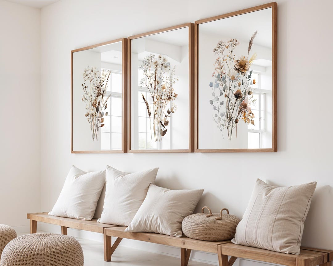 Wildflower Wall Art Set of 3, Neutral Dried Flower Prints, Rustic ...