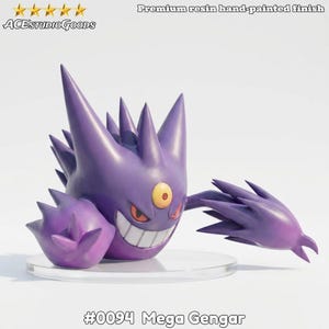 Puede incluir: Una figura de Mega Gengar morado con un acabado pintado a mano. La figura tiene púas afiladas, una amplia sonrisa y un solo ojo amarillo. La base es transparente y el texto "#0094 Mega Gengar" es visible.