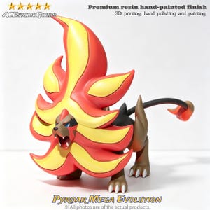 May include: A Pyroar Mega Evolution resin figurine featuring a lion-like creature with a large, flame-shaped mane in vibrant red and yellow. The body is brown with black accents, a long tail, and white claws. Text includes ACESTUDIOGOODS and Pyroar Mega Evolution.