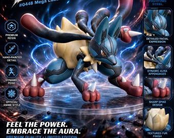 Mega Lucario, Pokémon Resin Figure, Hand-Painted, 1/20 Scale, Aura Pokémon, Gamer Desk Decor, Collectible, Gift