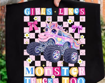 Girls Like Monster Trucks Too PNG, Unicorn Monster Truck Sublimation Design, Pink Checkered Coquette Girl Shirt