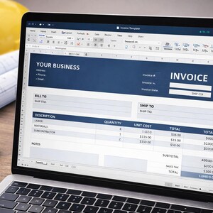 Peut inclure: Un ordinateur portable affiche un modèle de facture avec le texte "INVOICE" et "YOUR BUSINESS". Un casque jaune, des plans roulés, une icône Excel verte et une calculatrice sont sur une surface en bois.