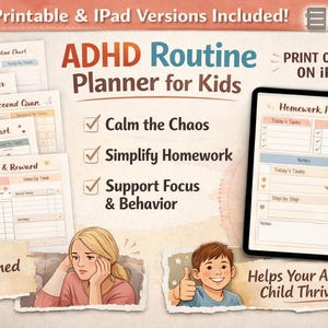 Puede incluir: Planificador de rutina para niños con TDAH, incluidas versiones imprimibles y para iPad. Incluye un planificador de tareas, un cuadro de recompensas y un cuadro de objetivos. El planificador tiene como objetivo calmar el caos, simplificar las tareas y apoyar el enfoque y el comportamiento.