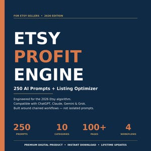 May include: A digital product cover with the title "ETSY PROFIT ENGINE" in large white and orange letters. The cover includes the text "250 AI Prompts + Listing Optimizer" and details about the product's features, such as prompts, categories, pages, and workflows.