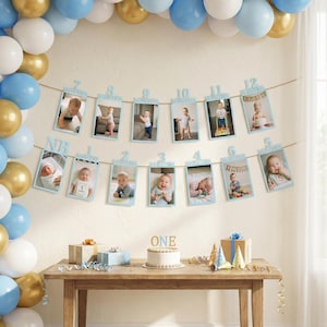 Guirlande photo pour le premier anniversaire de bébé (de la naissance à 12 mois) - Décoration pour fête d'anniversaire - Décoration pour étapes mensuelles
