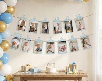 First Birthday Photo Banner 1st Birthday Baby Photo Banner Bunting Garland Newborn to 12 Months Birthday Party Decor Monthly Milestone Decor