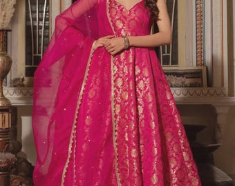 Pink Banarasi Silk Anarkali Gown: Indian Wedding Party Dress