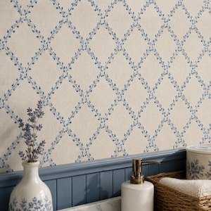 Blue Floral Trellis Wallpaper, Coastal Grandmillennial Wall Decor, French Country Removable Peel and Stick, Vintage Cottagecore Pattern