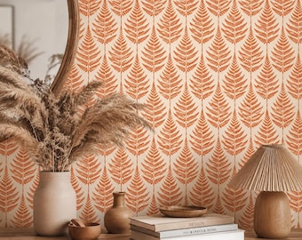 Terracotta Fern Botanical Wallpaper, Boho Leaf Wall Decor, Modern Farmhouse Accent Wall
