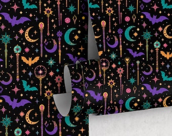 Spooky Celestial Bats and Moons Wallpaper, Gothic Magic Wall Decal, Witchy Home Decor, Whimsigoth Room Aesthetic, Dark Academia Style