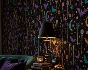 Spooky Celestial Bats and Moons Wallpaper, Gothic Magic Wall Decal, Witchy Home Decor, Whimsigoth Room Aesthetic, Dark Academia Style