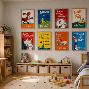 May include: A child's bedroom featuring framed Dr. Seuss book covers, including "Fox in Socks" and "The Cat in the Hat." The room has a wooden desk, bookshelf, and bed, with toys and decor.