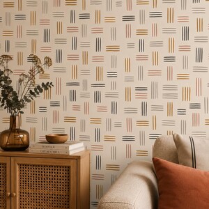 Boho Geometric Hash Mark Wallpaper, Earth Tone Neutral Wall Decor, Minimalist Scandi Mural, Peel and Stick Removable Wallpaper
