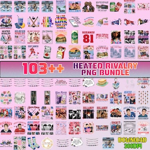 May include: A collection of digital PNG graphics with various designs, including hockey-themed illustrations, text, and images. The bundle features the text "Heated Rivalry" and other phrases, with a pink background. Includes the text "Download 300DPI".