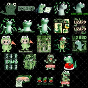 May include: A collection of various green lizard illustrations and graphics on a black background. Some lizards are wearing hats, holding signs, or have text like "Lizard" and "Lil Lizard".