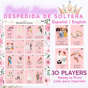 Roze bruidsdouche loteria printbaar, vrijgezellenfeestspel voor 30 spelers, Despedida Soltera, tweetalige Spaans-Engelse Mexicaanse bingo download