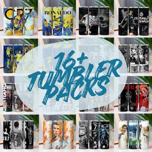 May include: A collection of cylindrical tumblers featuring images of a soccer player in various action poses and team uniforms. The tumblers have a variety of designs, including portraits, action shots, and text. The text "16+ TUMBLER PACKS" is also visible.