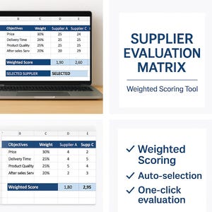 Op de afbeelding: Een laptop toont een leveranciers evaluatiematrix met gegevenstabellen. De tekst "Supplier Evaluation Matrix" is blauw. Extra tekst omvat "Weighted Scoring Tool", "Weighted Scoring", "Auto-selectie" en "One-click evaluation".