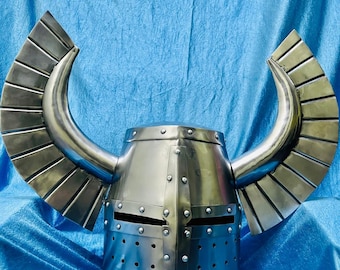 Handcrafted Steel Viking Knight Helmet, Horned Cosplay Armor