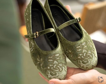 Kaki fluwelen geborduurde gedetailleerde ballerina, bruidsballerina's, Mary Jane-schoenen