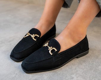 Black Suede Square Toe Loafers, Gold Chain Horsebit Flats, Elegant Slip On Shoes