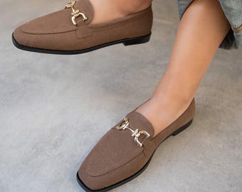 Dark Brown Suede Loafers, Gold Chain Horsebit Square Toe Flats