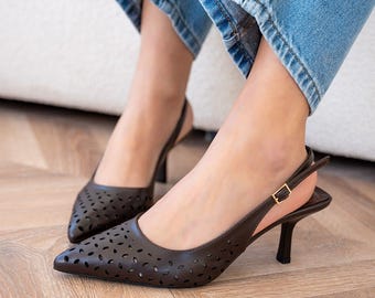 Laser Cut Slingback Heels, Perforated Pointed Toe Kitten Pumps, Breathable Office Footwear
