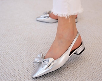 Silver Metallic Bow Slingback Flats, Square Toe Wedding Shoes