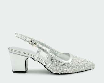 Silver Sequin Slingback Heels, Embellished Pointed Toe Block Pumps, Bridal Footwear
