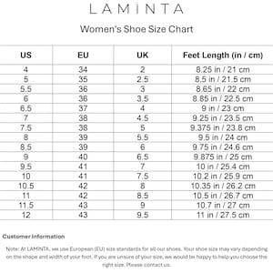 Pu&ograve; includere: Tabella delle taglie di scarpe LAMINTA, con taglie USA, UE e Regno Unito e lunghezze del piede corrispondenti in pollici e centimetri. La tabella include taglie da USA 4 (21 cm) a USA 12 (27,5 cm).