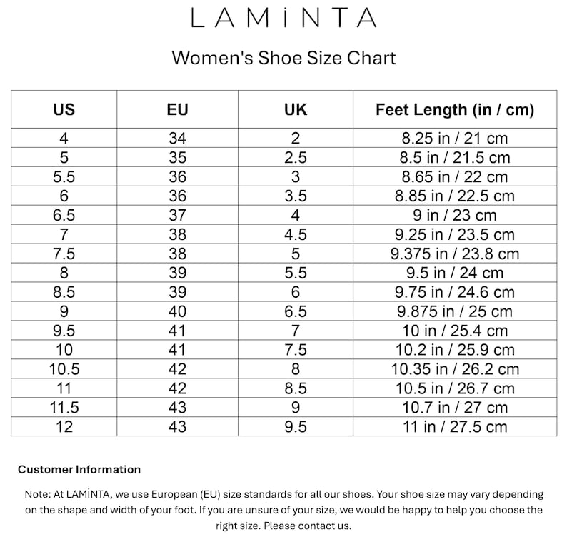 Pu&ograve; includere: Tabella delle taglie di scarpe LAMINTA, con taglie USA, UE e Regno Unito e lunghezze del piede corrispondenti in pollici e centimetri. La tabella include taglie da USA 4 (21 cm) a USA 12 (27,5 cm).