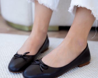 Brown Genuine Leather Ballet Flats with Bow, Real Leather Round Toe Ballerinas