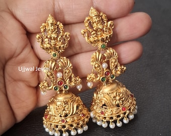 South Indian Golden Lakshmi Design Jhumki Boho Earring Indian Temple Jewelry Gift For Her