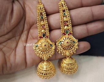 Pendientes Jhumki dorados mate, cadena, joyería bohemia, joyería de templo indio, regalo para ella