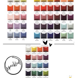 May include: A color chart displaying numerous square ceramic glaze samples arranged in rows and columns. Each sample is labeled with a code and name. The chart includes solid colors and a section labeled speckled with various colored flecks.