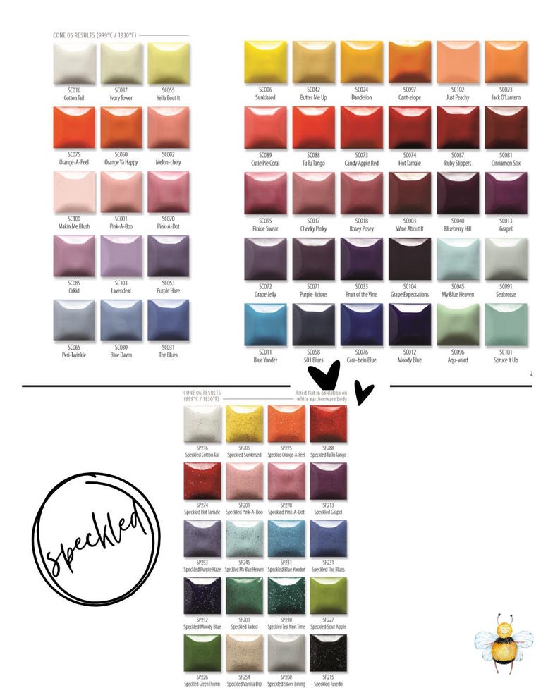 May include: A color chart displaying numerous square ceramic glaze samples arranged in rows and columns. Each sample is labeled with a code and name. The chart includes solid colors and a section labeled speckled with various colored flecks.