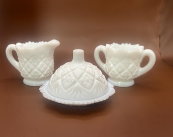 Mid-Century Westmoreland Milk Glass Mini Child’s Set - Thumbelina Pattern Toy Creamer, Open Sugar Bowl, and Covered Butter Dish - 3 Piece