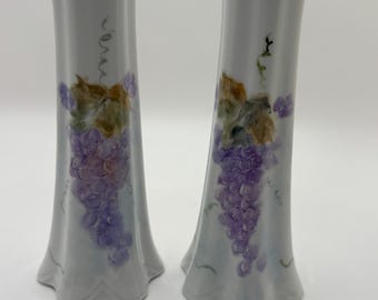 Vintage Hand Painted Porcelain Salt and Pepper Shakers, Grape Vine Motif, Gold Gilded Tall Ceramic Shakers