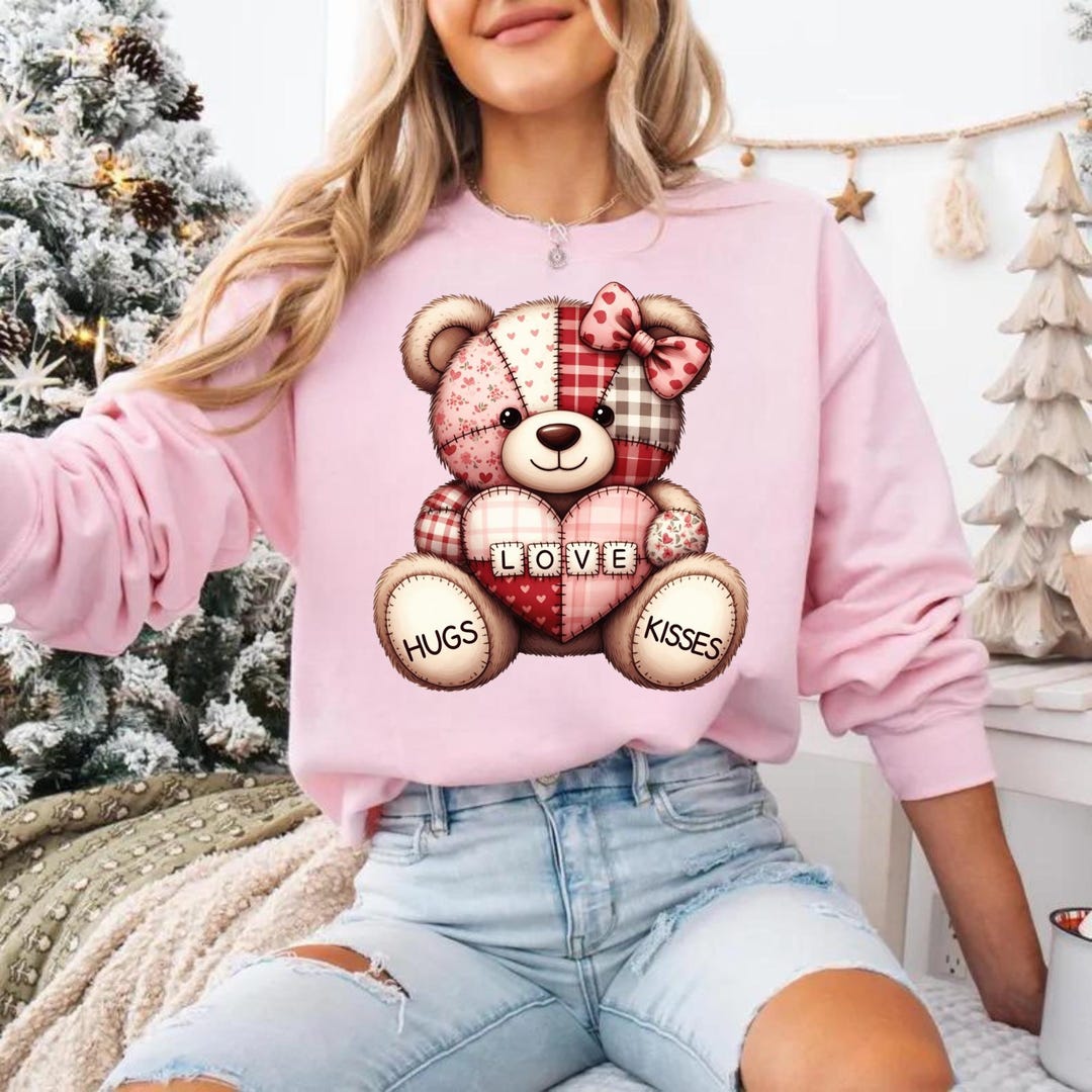 Patchwork Teddy Bear PNG, Valentine Hugs and Kisses PNG, Quilted Love ...