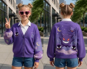 Gengar Evolution Pokemon Cardigan, Gastly Haunter Purple Knit Sweater, Spooky Ghost Type Anime Apparel, Gift For Gamer, Funny Gaming Shirt